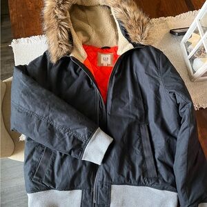 GAP Women's Black Bomber Jacket with Faux Fur Hood